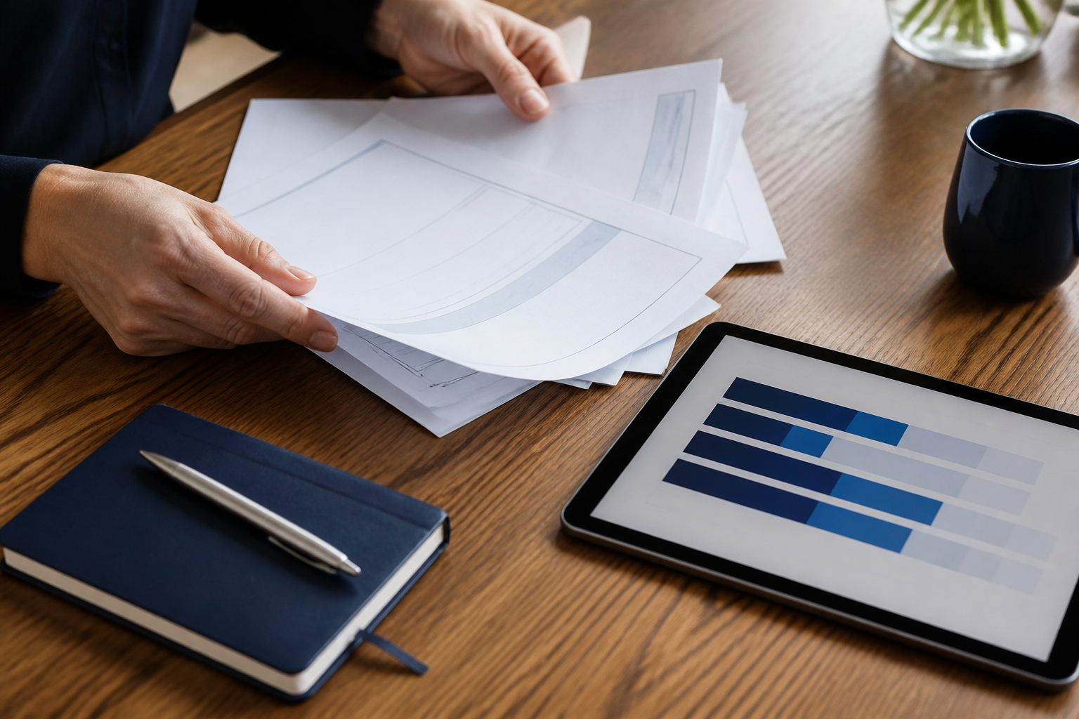 Illustrative invoice paperwork and tablet displaying an ageing chart