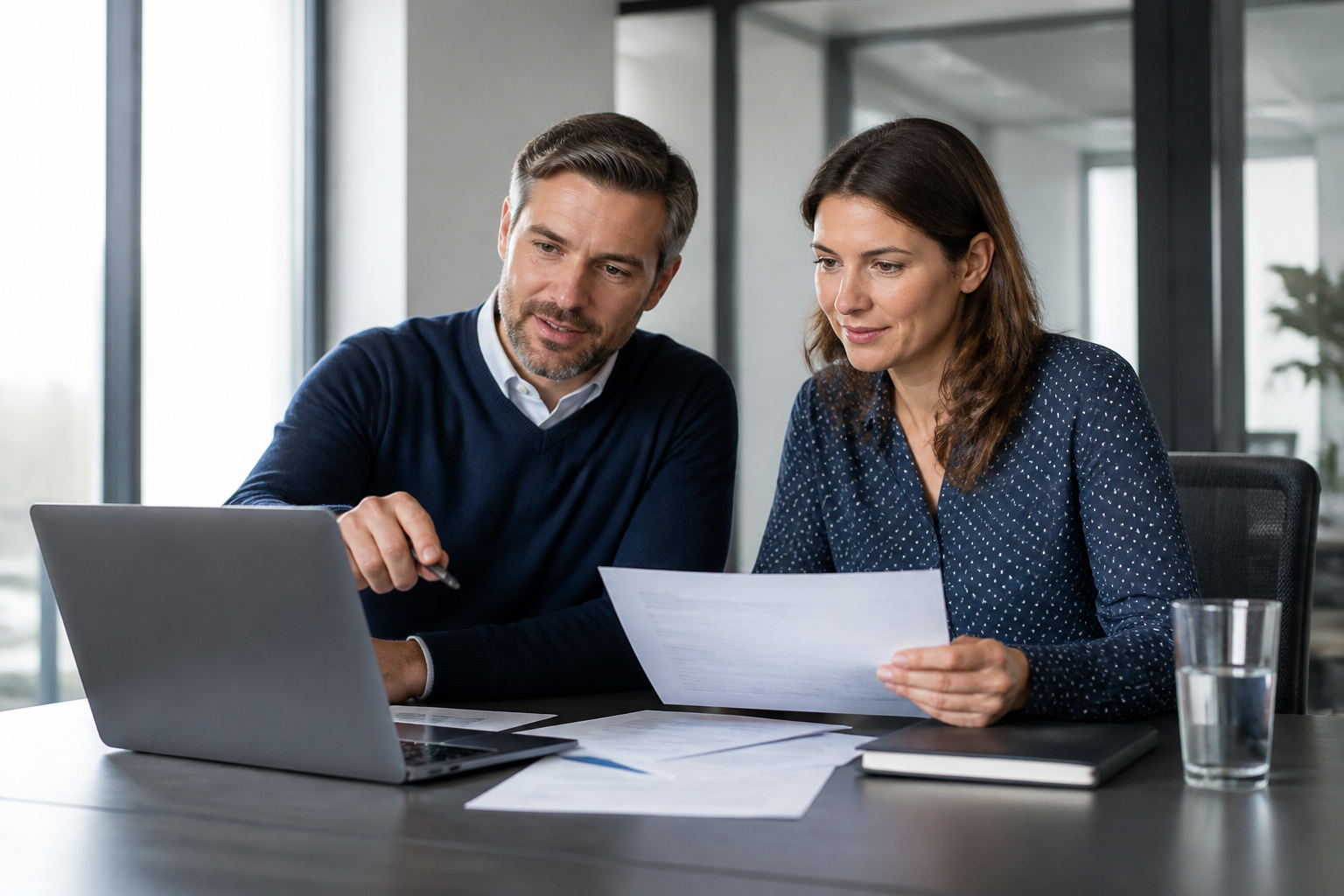 Illustrative finance professionals reviewing invoice records together